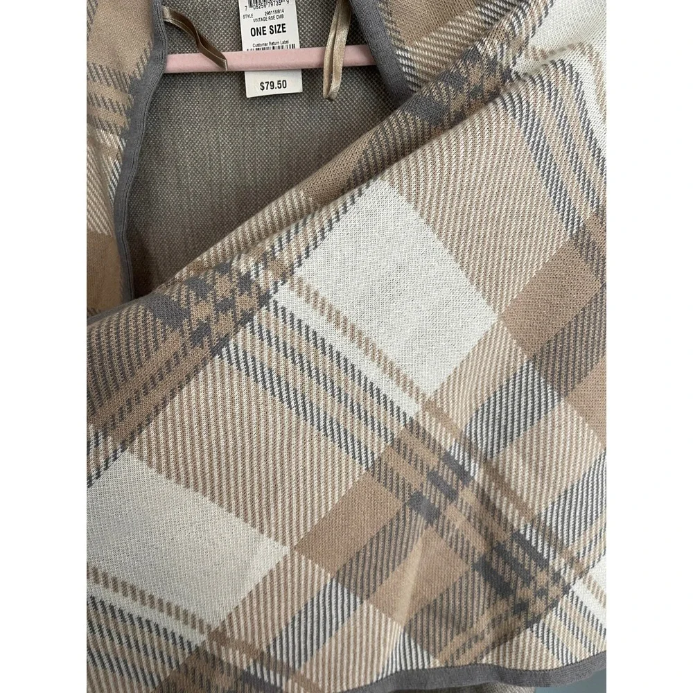 NWT Charter Club Alpine Chalet Plaid Wrap Scarf Tassel Tan Cream Grey One Size